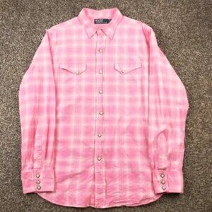 Vintage Polo Ralph Lauren Shirt Western Pearl Snap Button Plaid Pink Mens Large